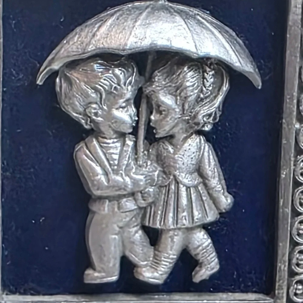 Vintage Small Pewter Relief Art Boy & Girl‎ Umbrella Ornate Silver Tone Frame